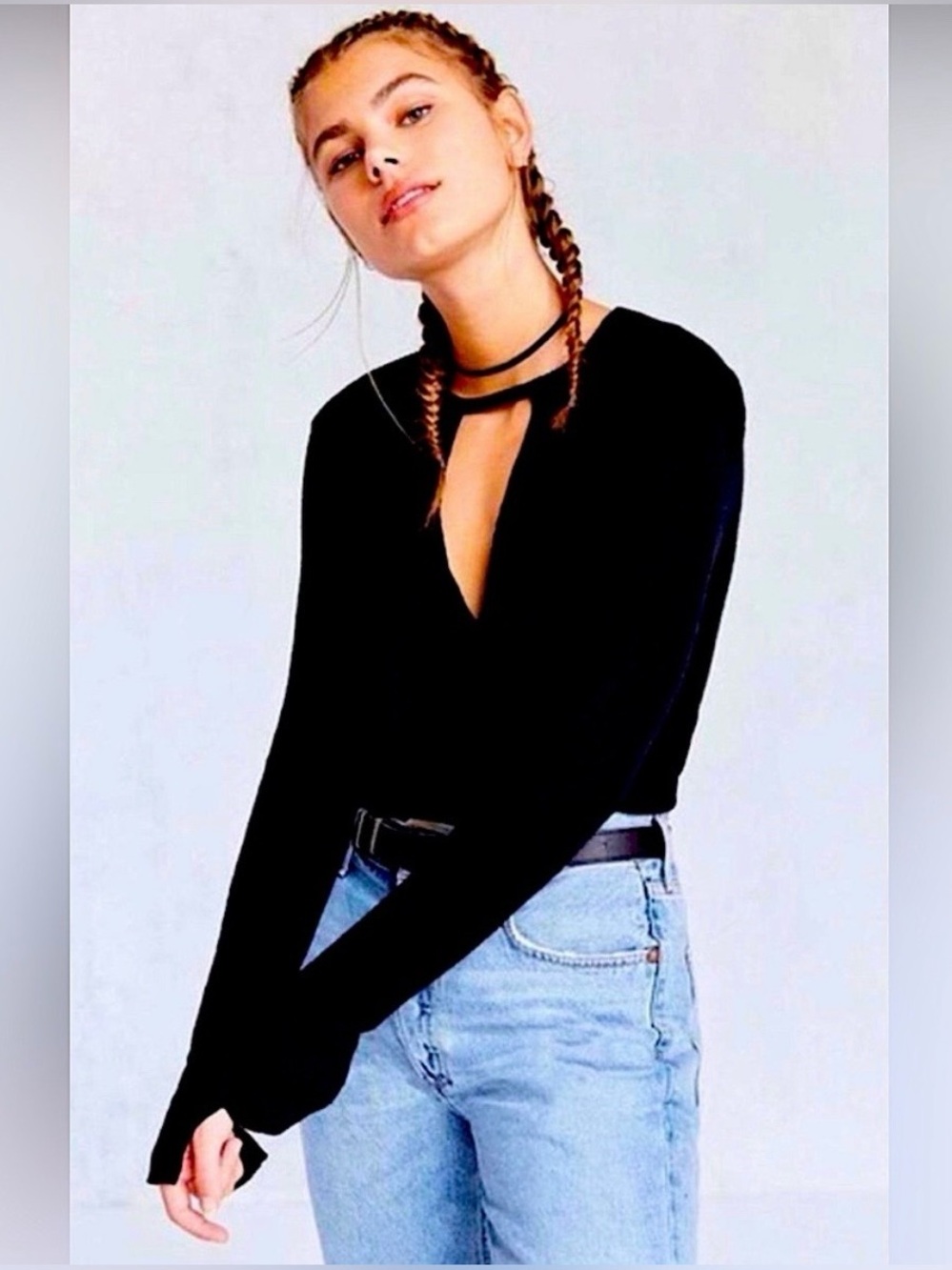 Urban Outfitters Project Social T Black Long Sleeve V-Neck Top with Keyhole
